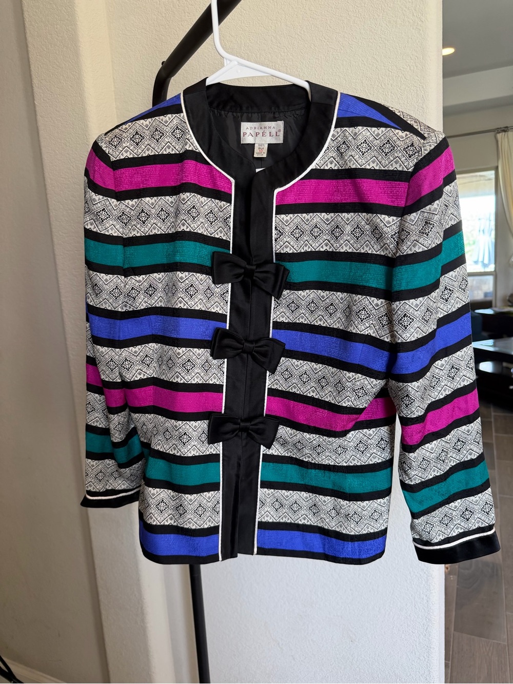 Adrianna Papell Vintage Striped Bow  Silk Jacket Blazer in Magenta Teal Blue 10
